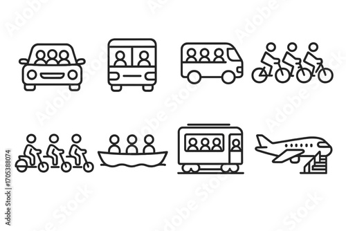 Group Transport Icons. Outline icon set of group transportation: carpool, bus, van with passengers, bicycle group, scooter convoy,