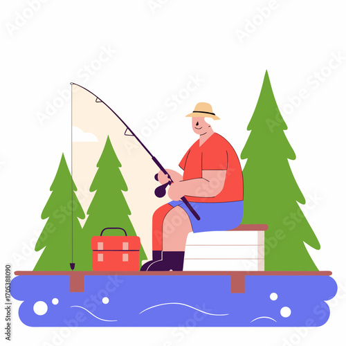 An illustration of a man fishing, sitting peacefully at the lakeside