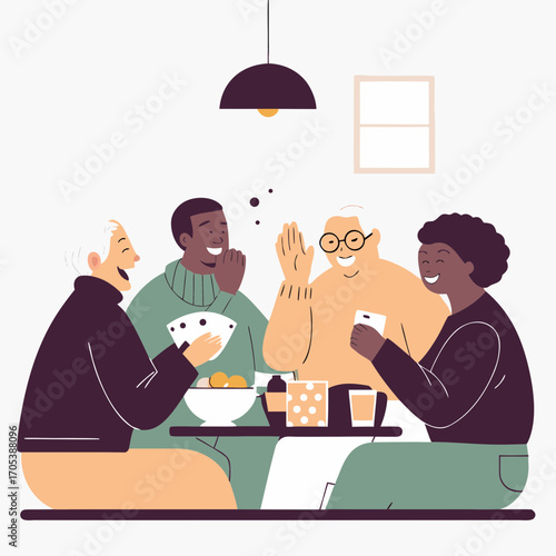 People engaged in a social gathering, engrossed in a board game and convivial conversations