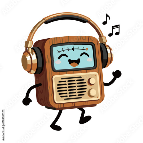 Cute vintage radio mascot with headphones. Funny smiling music character listening to songs. Audio entertainment concept.