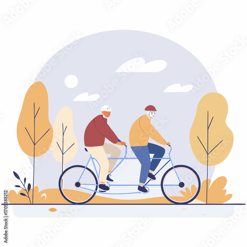 Two senior gentlemen happily ride a tandem bicycle through a park during the day time
