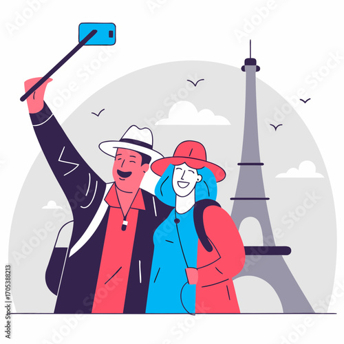 A joyful couple taking a selfie in front of the Eiffel Tower in Paris. The couple is smiling brightly and appearing in a vacation setting. The Eiffel Tower stands tall in the background.