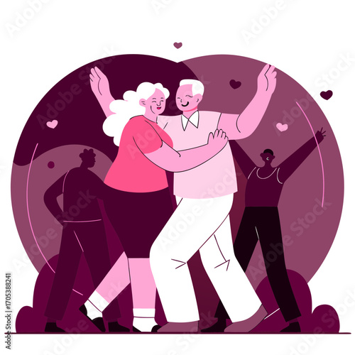 A couple enjoying a ballroom dance with others in a vintage style illustration. A man and a woman dancing under the silhouette of the others in dark tone with hearts in the air