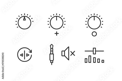 DJ Sound Control Icons. Outline icon set of DJ sound control: volume knob, bass boost, treble knob, balance control, headphone