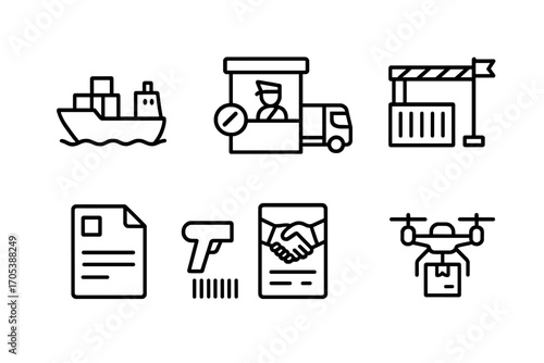 Cross-Border Trade Icons. Outline icon set of cross-border trade: cargo ship, customs checkpoint, container truck, border gate,