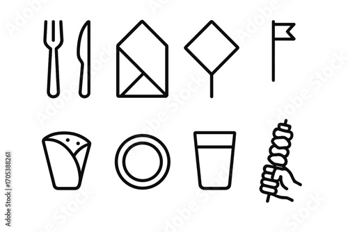 Kebab and Flatbread Icons. Outline icon set of kebab eating accessories: fork, knife, napkin, toothpick, paper wrapper, plate,
