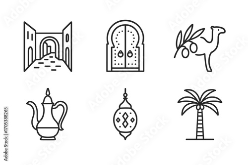 Tunisian Culture Icons. Outline icon set of Tunisian culture: Medina street, Traditional door, Olive branch, Camel, Coffee pot,
