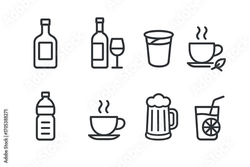 Bulgarian Beverage Icons. Outline icon set of Bulgarian beverages: rakia bottle, Bulgarian wine, yogurt cup, herbal tea, mineral