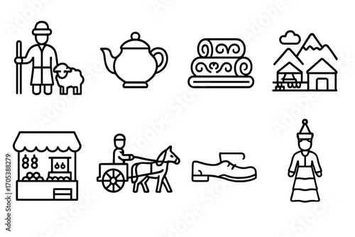 Kyrgyz and Chinese Icons. Outline icon set of Kyrgyz daily life: shepherd, tea pot, felt blankets, mountain village, marketplace,