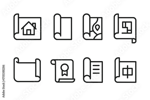 Rolled Stationery Icons. Outline icon set of rolled stationery: rolled blueprint, rolled poster, rolled map, rolled drawing,
