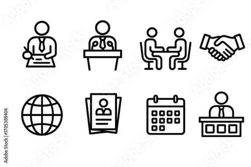 Presidential Icons Set. Outline icon set of presidential activities: signing document, press conference, meeting table, handshake,