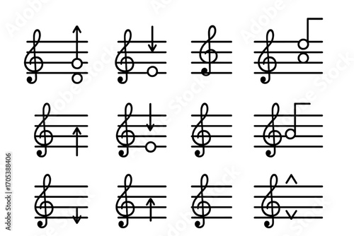 Musical Scale Icons. Outline icon set of musical scale intervals: whole step, half step, octave, major third, minor third, perfect