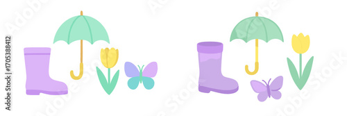 Spring icons: rain boots, umbrella, tulip, butterfly