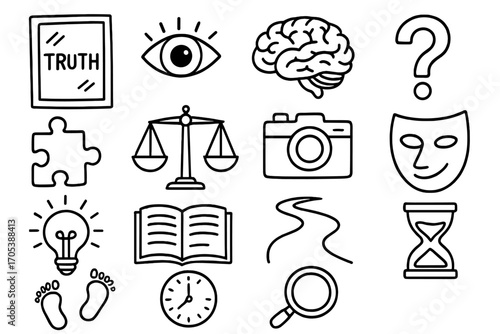 Symbols of Reality. Hand-drawn doodle illustration truth and reality mirror, eye, brain, question mark, puzzle piece, scale,