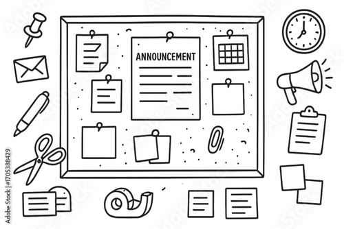 Bulletin Board Essentials. Hand-drawn doodle illustration Bulletin board with announcements push pins, paper notes, calendar,