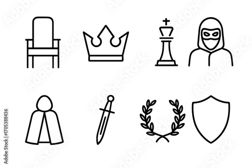 Secret Power Icons. Outline icon set of secret power: throne, crown, chess king, masked figure, cloak, dagger, laurel wreath,