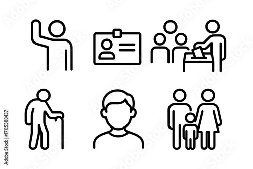 Election Voter Icons. Outline icon set of election voters: person with raised hand, ID card, ballot paper, crowd, elderly voter,