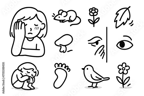 Shy Doodle Illustration. Hand-drawn doodle illustration timidity shy face, hiding behind hand, blushing cheeks, small mouse,
