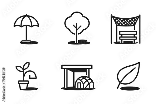 Garden Shade Icons. Outline icon set of shade in gardening and outdoors: garden umbrella, tree shadow, shaded bench, sunshade net,
