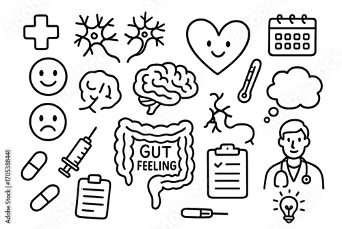 Gut Feeling Icons. Hand-drawn doodle illustration gut feeling emotions gut, brain, heart, emotion icons, neurons, nerve, syringe,