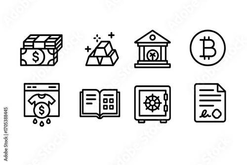 Cartel Finance Icons. Outline icon set of cartel finance: stacks of cash, gold bars, offshore bank, cryptocurrency, money
