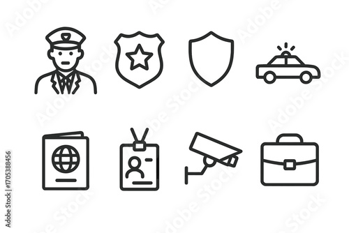 Senator Security Icons. Outline icon set of senator security and protocol: guard, security badge, shield, police car, passport,