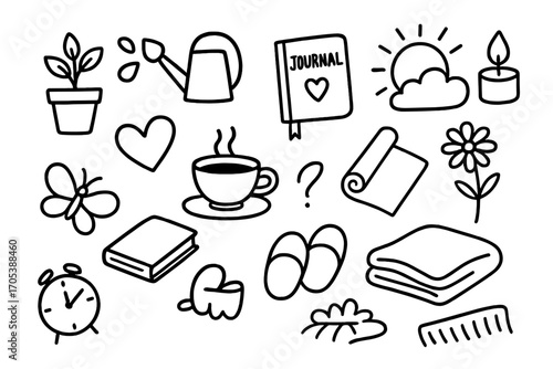Self-Care Essentials Doodle. Hand-drawn doodle illustration growth and self-care plant pot, watering can, journal, candle, teacup,