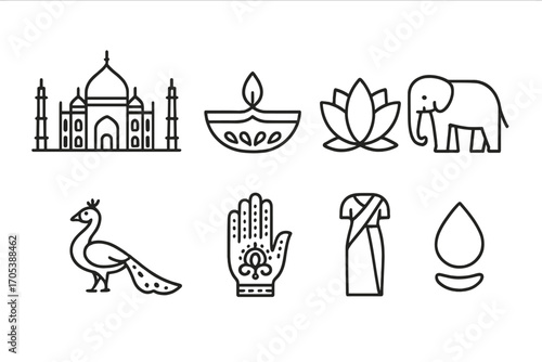 Indian Culture Icons. Outline icon set of Indian culture: Taj Mahal, diya lamp, lotus flower, elephant, peacock, henna hand, sari,