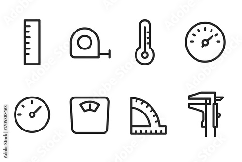 Measurement Scale Icons. Outline icon set of measurement scales: ruler, tape measure, thermometer, speedometer, barometer,