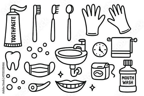 Dental Clinic Doodles. Hand-drawn doodle illustration dental clinic essentials toothpaste tube, toothbrush, dental mirror, scaler,