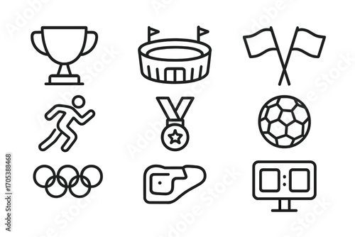 International Sports Icons. Outline icon set of international sports: trophy, stadium, flags, athlete, medal, soccer ball, Olympic