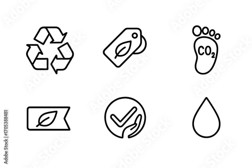 Eco Label Icons. Outline icon set of eco and sustainability labels: recycle symbol, biodegradable tag, eco-friendly badge, carbon