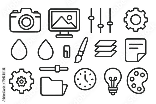 Creative Editing Tools. Hand-drawn doodle illustration photo preset camera, computer screen, sliders, filter, brush, layers panel,