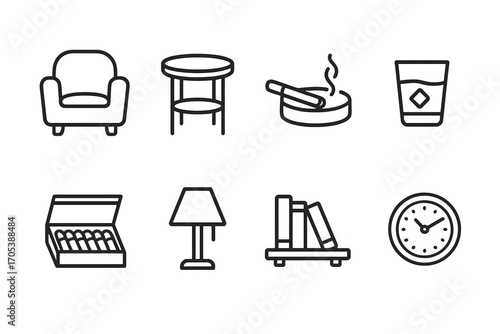 Smoking Lounge Icons. Outline icon set of smoking lounge items: armchair, side table, ashtray, drink glass, cigar box, lamp,