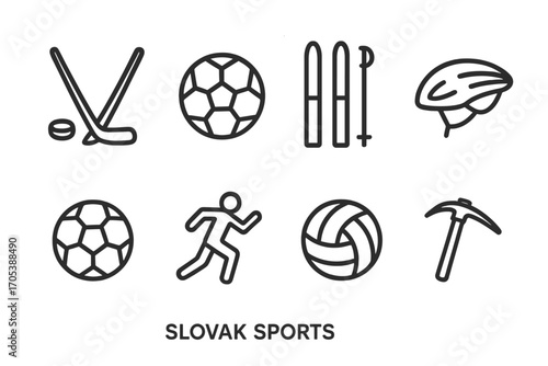Cultural Icon Sets. Outline icon set of Slovak sports: ice hockey stick, football ball, skiing, cycling helmet, handball,