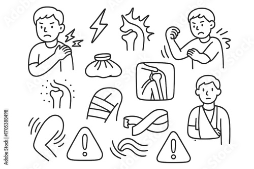 Shoulder Pain Icons. Hand-drawn doodle illustration shoulder pain shoulder icon, lightning pain symbol, inflamed joint, sore face,