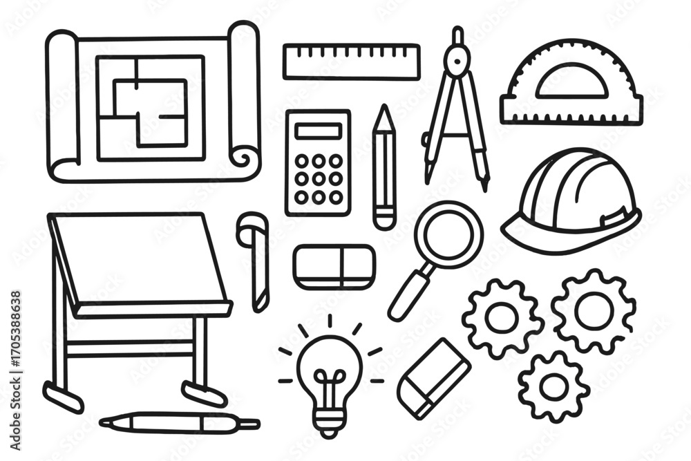 Fototapeta premium Engineering Tools Doodle. Hand-drawn doodle illustration blueprint presentation blueprint sheet, rolled paper, ruler, pencil,