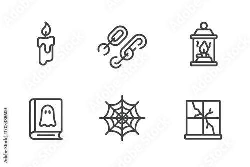Ghostly Icon Set. Outline icon set of ghostly objects: floating candle, spectral chains, haunted portrait, misty lantern, old book