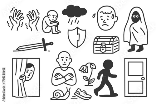 Symbols of Anxiety. Hand-drawn doodle illustration nervousness and retreat trembling hands, shrinking person, sweating face,