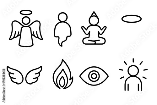 Divine Icons Collection. Outline icon set of divine beings: angel, spirit, deity, halo, wings, sacred flame, third eye, glowing