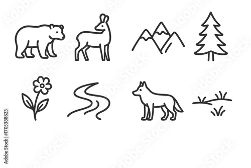 Slovak and Hungarian Icons. Outline icon set of Slovak nature and wildlife: brown bear, chamois, Tatras peaks, pine tree,
