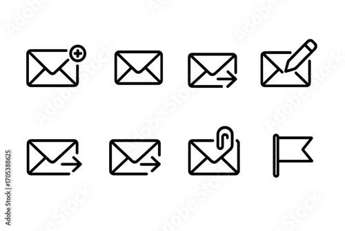 Email Alert Icons. Outline icon set of email alert actions: new email, unread message, email sent, email draft, email reply, email