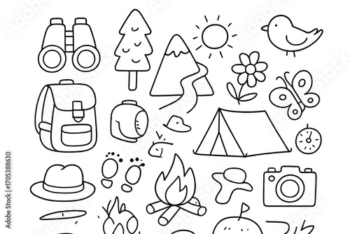 Nature and Space Doodles. Hand-drawn doodle illustration nature explore tree, mountain, river, binoculars, backpack, sun, bird,