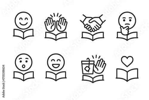 Icon Sets_ Emotions & Cuisine. Outline icon set of book club emotions: smile, applause, handshake, thinking, surprise, laughter,