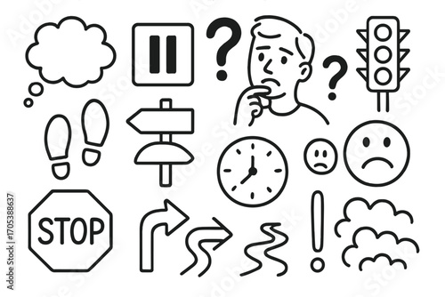 Hesitation Symbols Doodle. Hand-drawn doodle illustration moment of hesitation thinking bubble, pause button, question mark,
