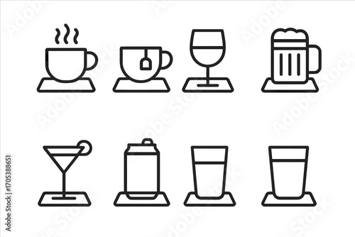 Beverage Icon Set. Outline icon set of coaster with drinks: coffee cup, tea cup, wine glass, beer mug, cocktail glass, soda can,