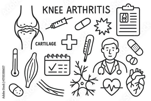 Knee Arthritis Doodle Icons. Hand-drawn doodle illustration knee arthritis knee joint, cartilage, syringe, pill, thermometer, pain