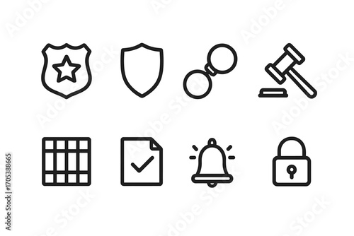 Decree Enforcement Icons. Outline icon set of decree enforcement: police badge, shield, handcuffs, court hammer, jail cell,