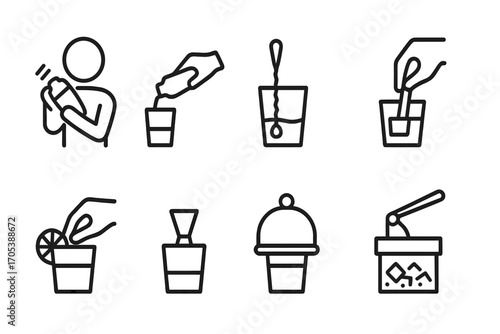 Bartending Icon Set. Outline icon set of bartending actions: shaking, pouring, stirring, muddling, garnishing, measuring, serving,