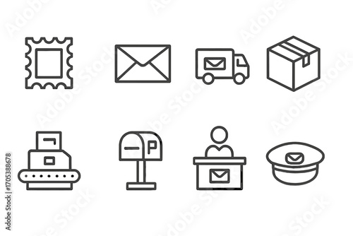 Mail Tool Icons. Outline icon set of mailing tools: postage stamp, envelope, mail truck, parcel, sorting machine, mailbox, post
